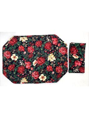 Set Of 4 Cranston Print Works Placemats w/Napkins Christmas Floral Cotton#j